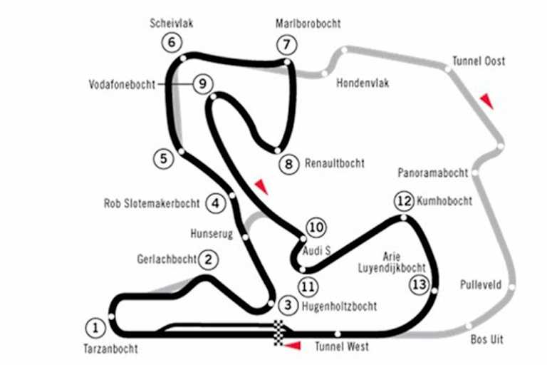 Schwarz die heutige Pistenführung von Zandvoort, grau die frühere