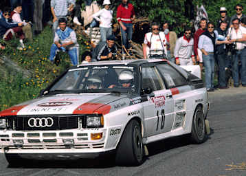 Michèle Mouton mit ihrem Audi Quattro, hier 1983 auf Korsika