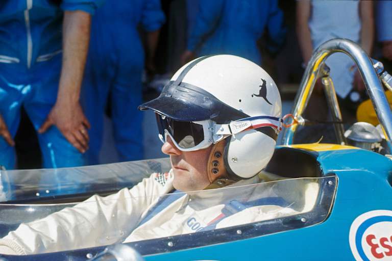Jack Brabham in Jarama 1970 mit Hubschrauberpiloten-Helm
