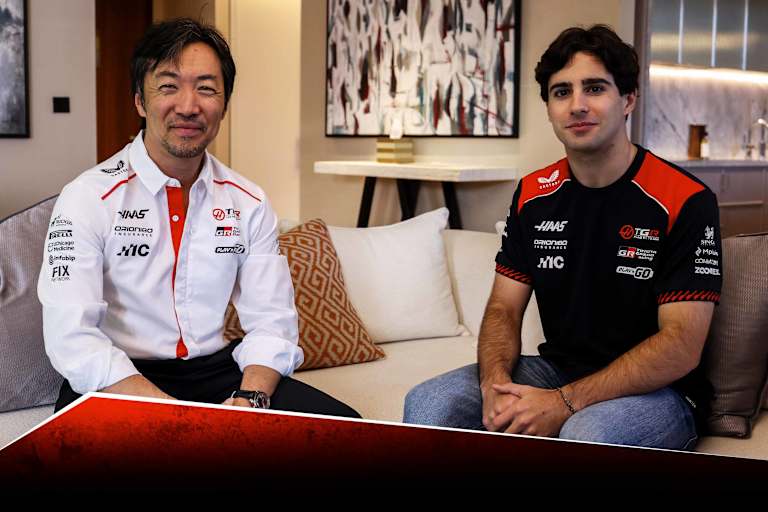 Haas-Teamchef Ayao Komatsu und der kommende GP-Pilot Rafael Camara