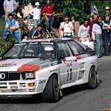 Michèle Mouton mit ihrem Audi Quattro, hier 1983 auf Korsika