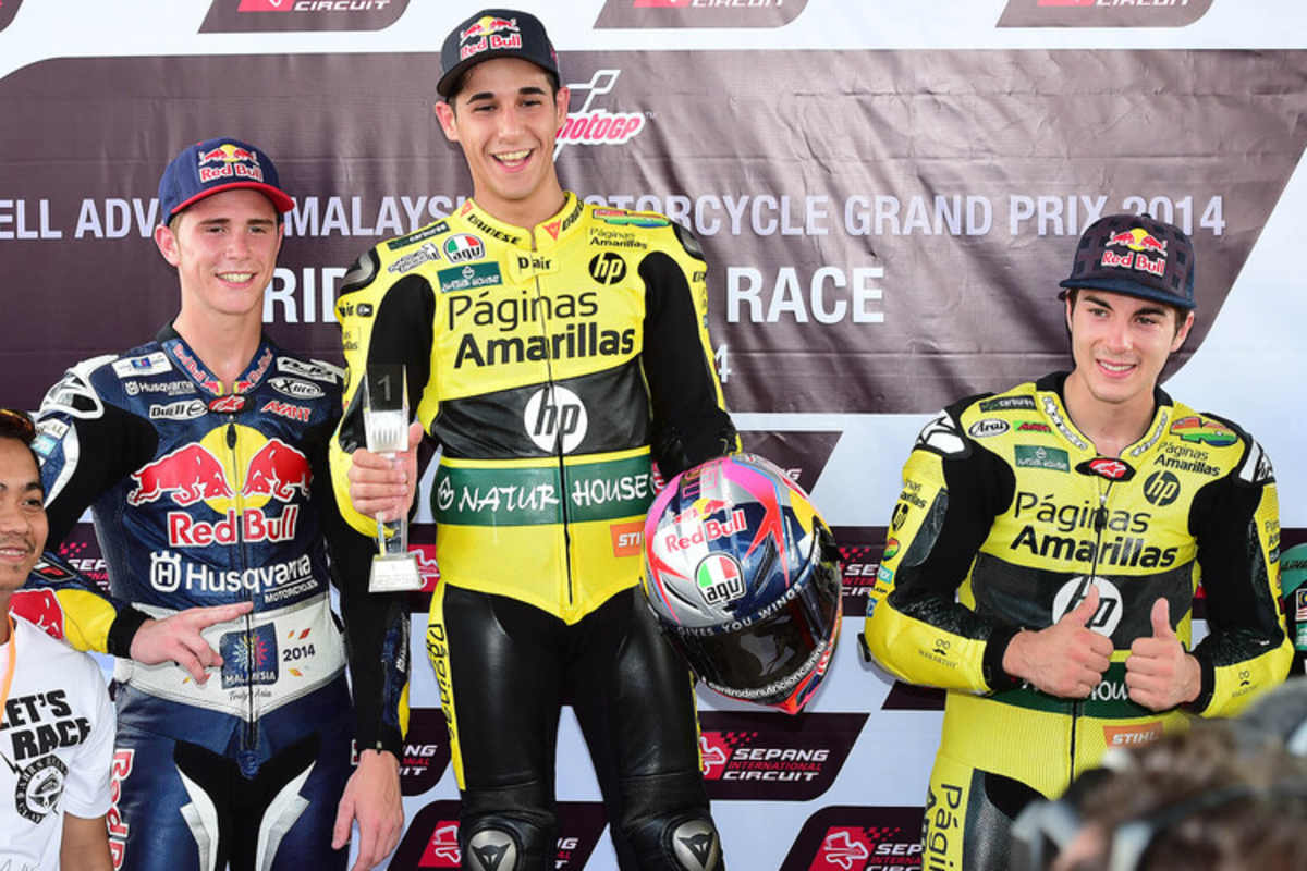 Danny Kent, Luis Salom und Maverick Viñales auf dem Podest