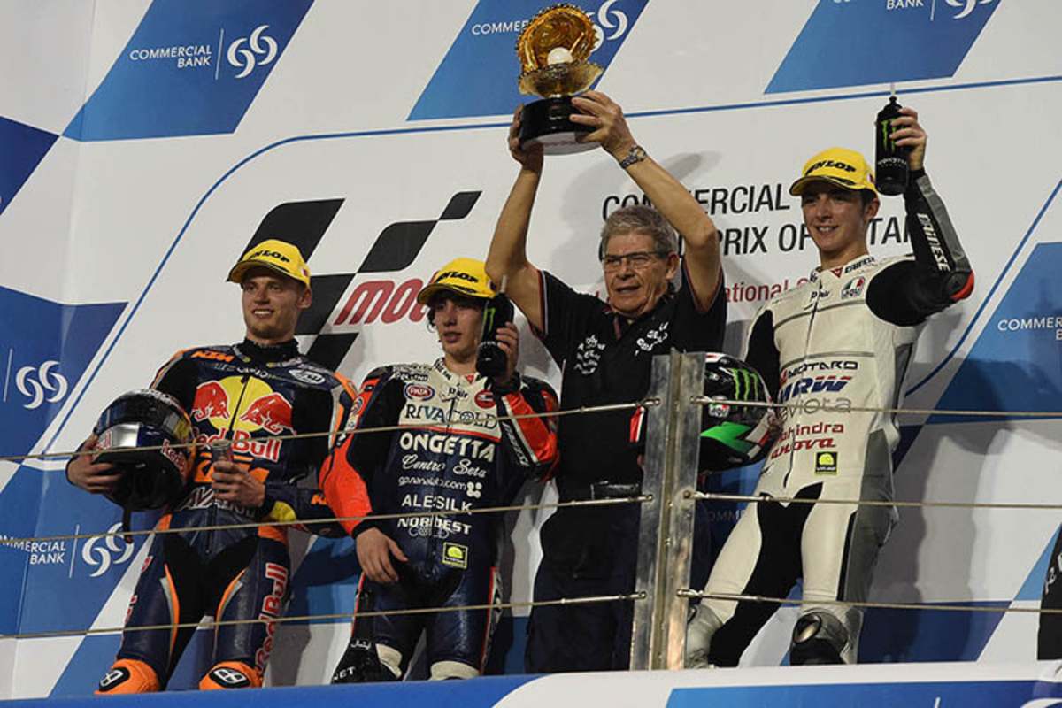 Brad Binder, Niccolò Antonelli und Francesco Bagnaia auf dem Podest in Katar