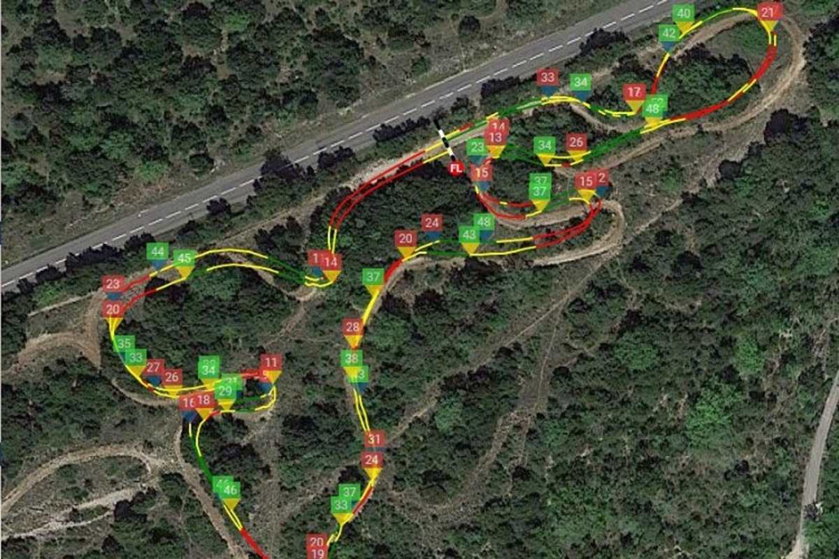 Rogers Linie im ersten Teil der Fahrerlagerkurve: Er bremst fast bis zum ersten Scheitelpunkt. (Rot = bremsen, Gelb = rollen, Grün = beschleunigen)