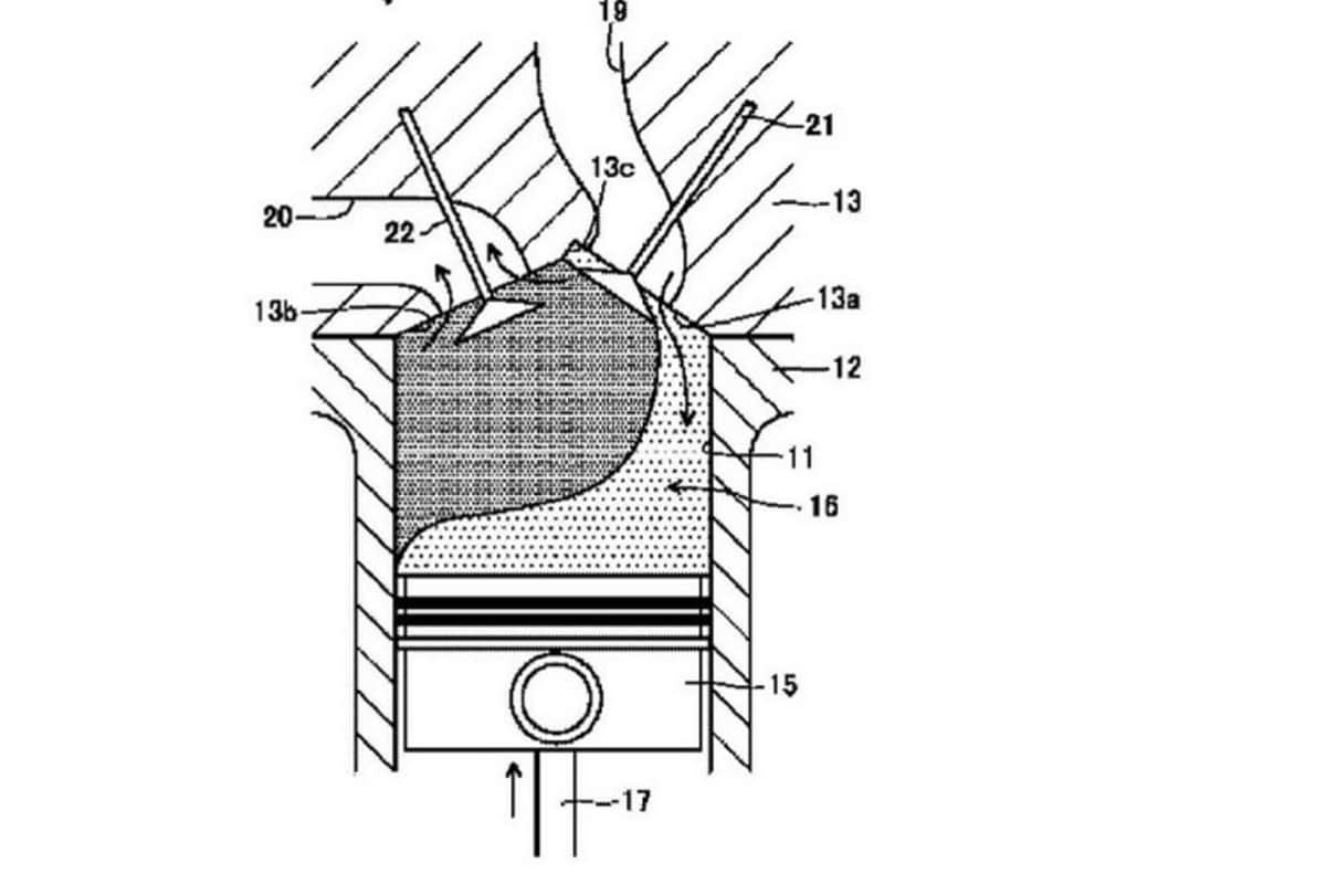 Kolben bewegt sich nach oben, beide Ventile offen, Zylinder wird mit Druckluft des Kompressors durchgespült