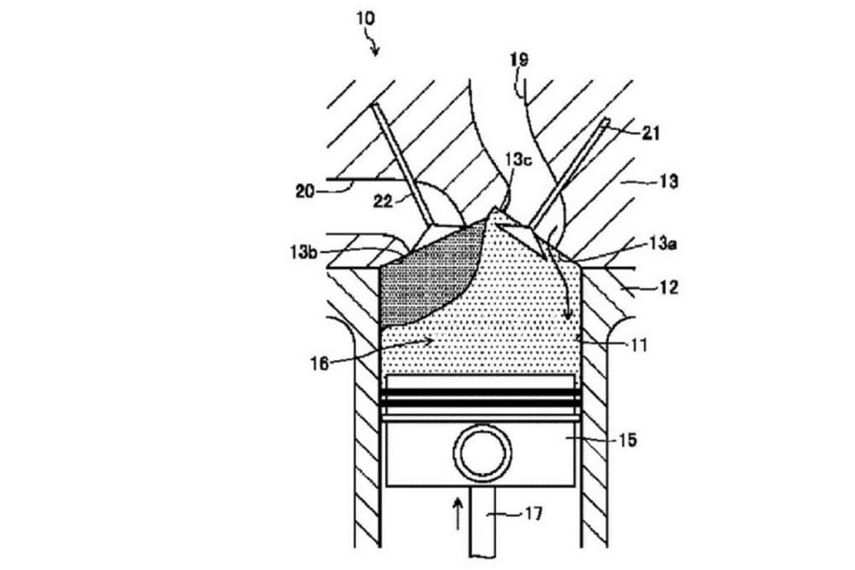 Kolben fast oben, Auslassventil geschlossen, Luft strömt ein und wird verdichtet, bevor Benzin eingespritzt und gezündet wird
