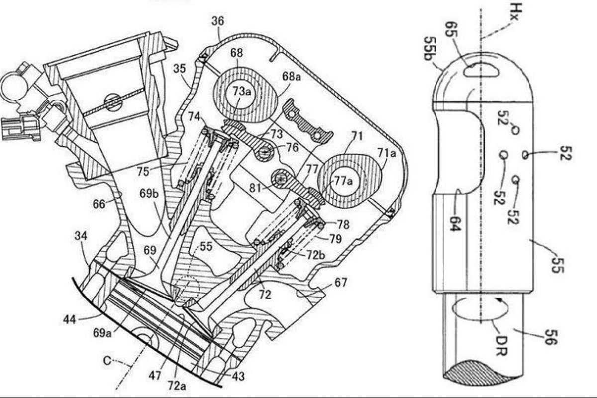 Links die Schnittzeichnung des Fallstrom-Zylinderkopfs, rechts der Hülsendrehschieber mit Fenster und Bohrungen