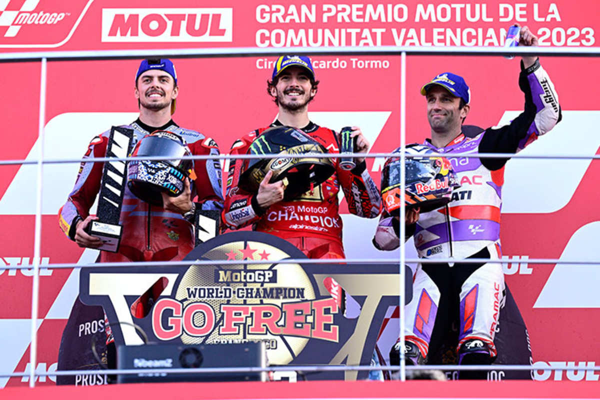 Keine Seltenheit: Auch in Valencia standen am Sonntag drei Ducati-Asse auf dem Podest (Diggia, Bagnaia und Zarco), dich Diggia wurde auf Platz 4 versetzt. 