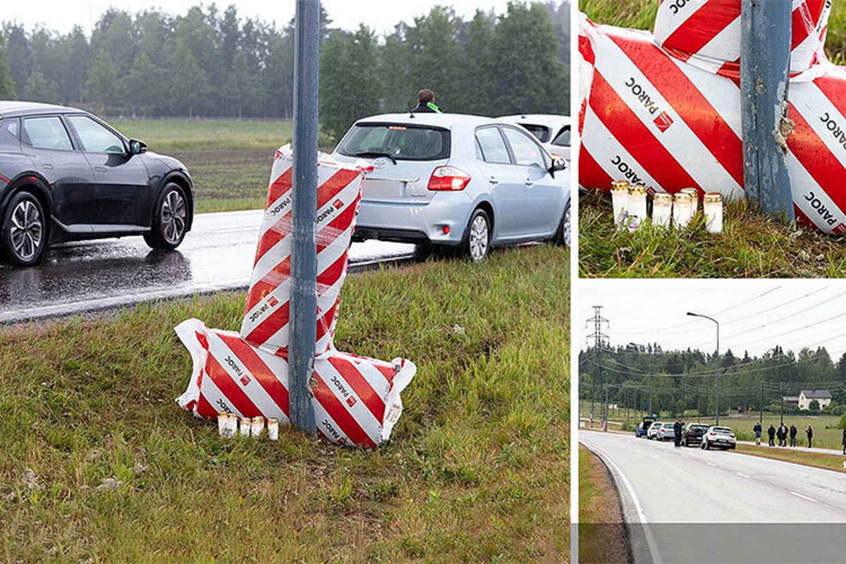 Dieses Bild zeigt den Schaden am Lichtmast, der durch den Aufprall entstand; die Autos links gehören den Mitgliedern der Untersuchungs-Kommission 