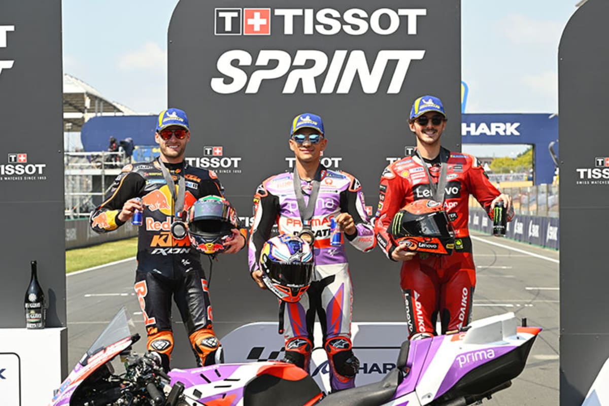 Der Le-Mans-Sprint: Jorge Martin (Mitte) siegte, links Binder, rechts Bagnaia