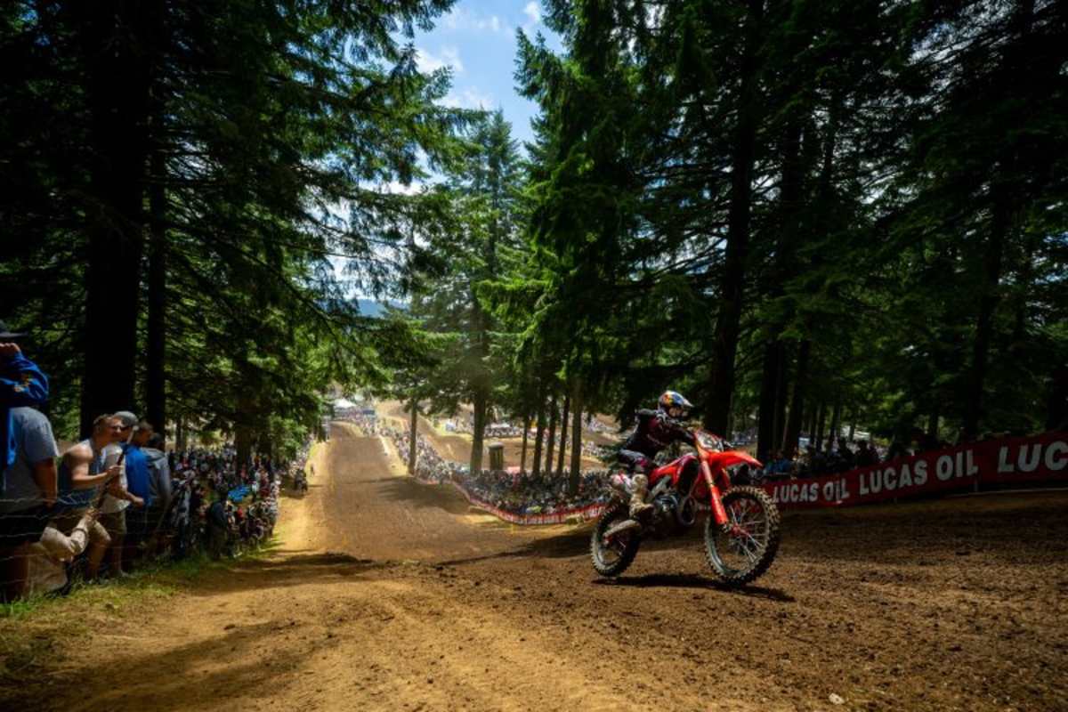 Ken Roczen zwischen den hohen Bäumen in Washougal