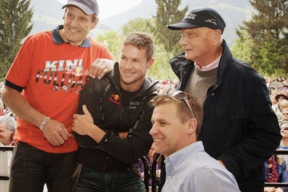 Felix Baumgartnerr mit Heinz Kinigadner, Pit Beirer und Niki Lauda