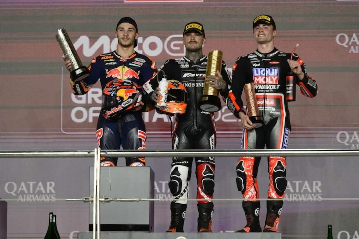 Das Moto2-Podium in Katar: Aron Canet, Deniz Öncü und Manuel Gonzalez