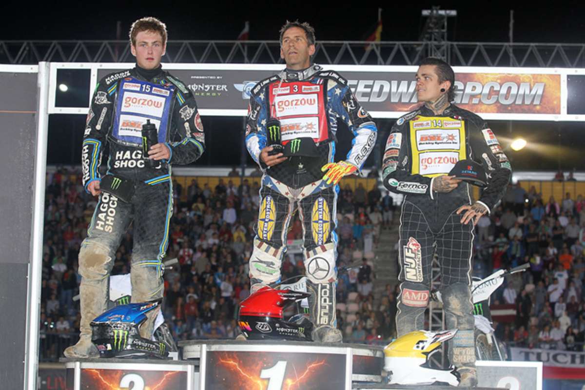 Siegerehrung in Daugavpils: Darcy Ward, Greg Hancock und Tai Woffinden (v.l.)