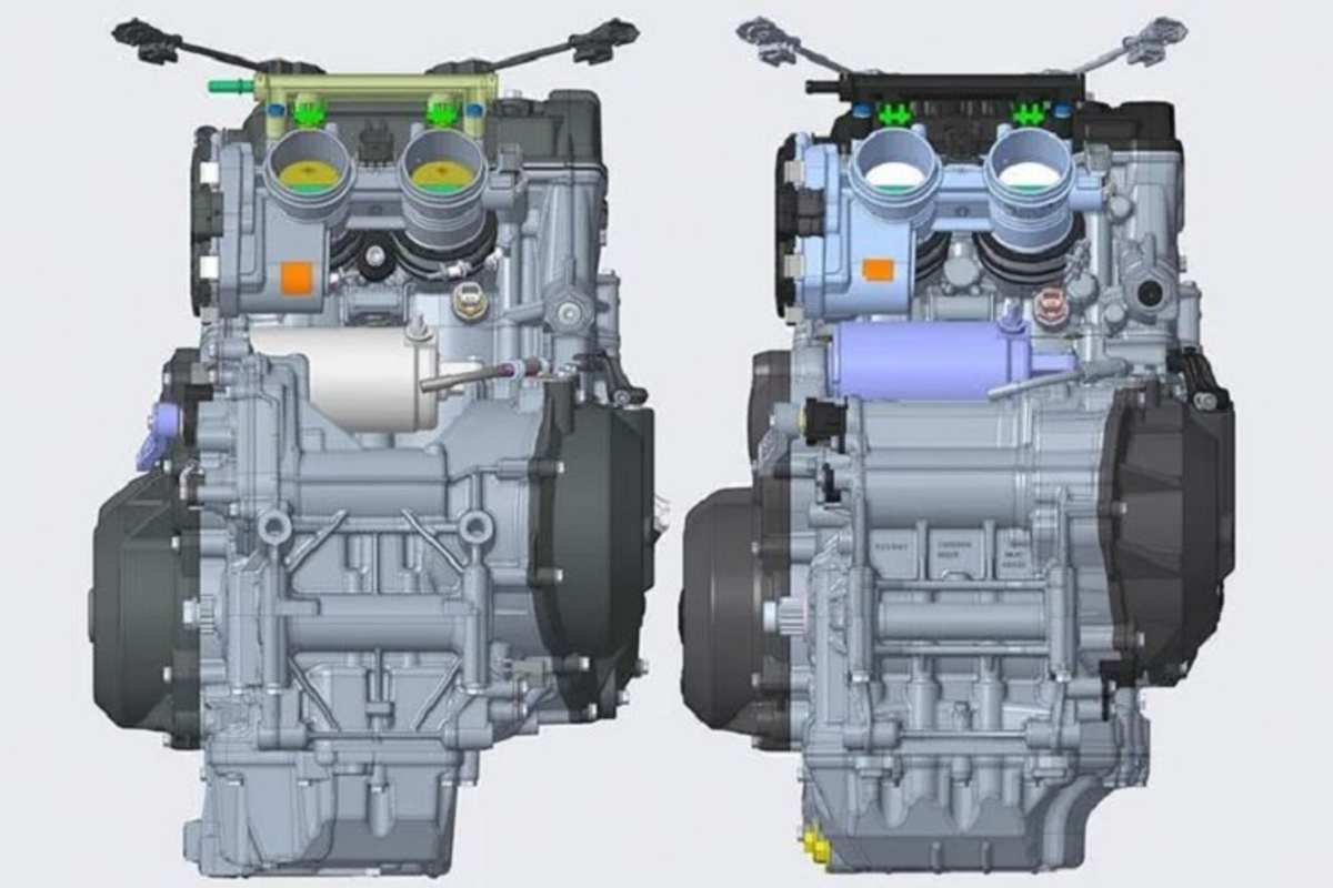 Draufsicht von hinten: Der neue Motor (links) hat am mittig Getriebegehäuse eine Aussparung, in der ein neu positioniertes Federbein Platz finden könnte