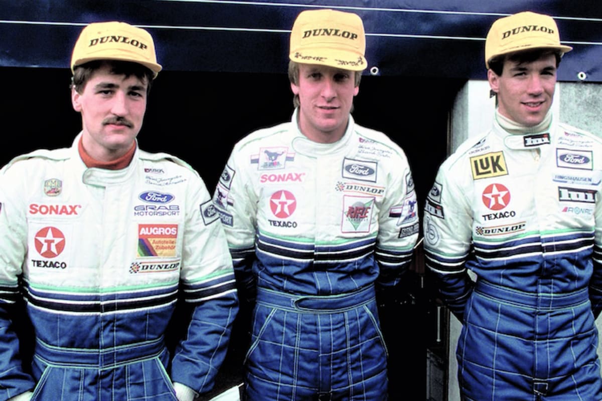 Antreten zum Gruppenbild: Ford-Youngsters Schneider, Biela, Reuter in der DTM 1987