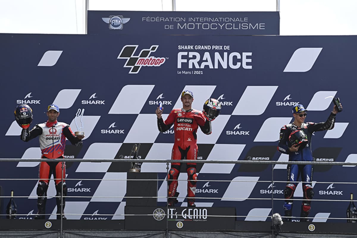 Die Top-3 von Le Mans: Johann Zarco, Jack Miller und Fabio Quartararo (v.l.)