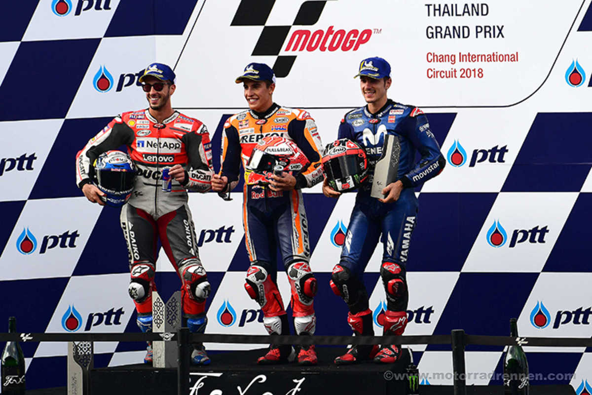 Das Podest in Thailand: Andrea Dovizioso, Marc Marquez und Maverick Vinales (v.l.) 