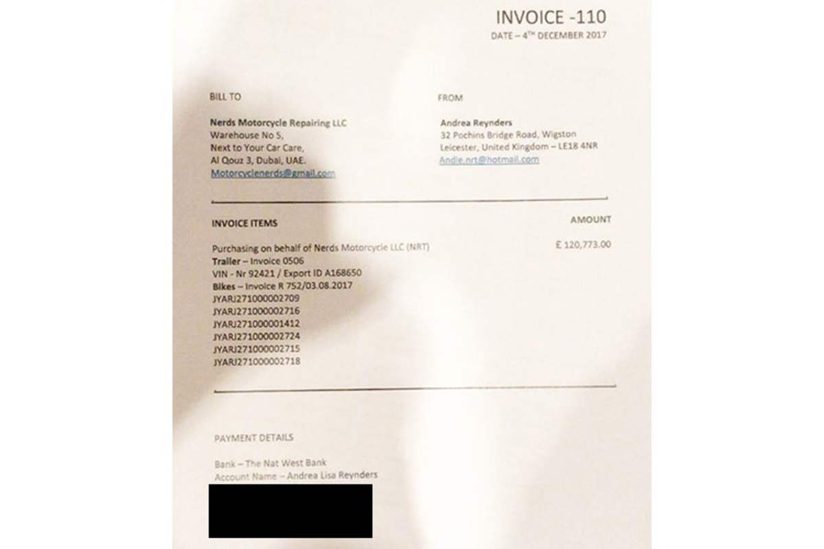 Rechnung von Andrea Reynders an Vafi Khan für den Auflieger und die Motorräder