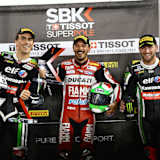 Die erste Startreihe in Katar: Baz (2.), Giugliano (1.) und Sykes (3.)