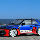 Der neue Renault 5 Turbo 3E bei der Präsentation in den Farben vom Jean Ragnotti-Korsika-R5-Turbo Maxi-Siegerwagen  von 1985 gezeigt