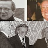 Oben: Ein Leben für Pirelli: Peter Petit 1964 und 2001. Unten:  Hohe Ehrung für Verdienste im Rallye-Sport: Peter Petit, Sportpräsidenten Huschke von Hanstein (AvD, links) und Jochen Springer (ADAC, rechts) 1978