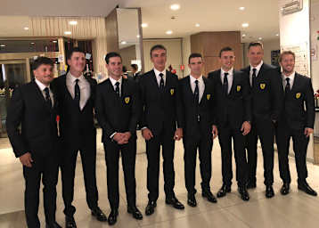 Ferrari-Werksfahrer: (von links) Giancarlo Fisichella, James Calado, Miguel Molina, Andrea Bertolini, Alessandro Pier Guidi, Davide Rigon, Toni Vilander und Sam Bird