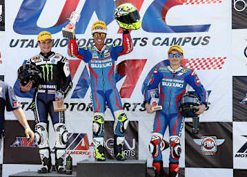 Superpole-Podium Utah: Cameron Beaubier, Toni Elias und Roger Hayden (v.l.)