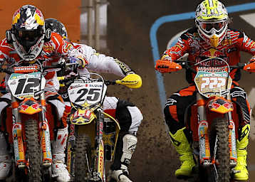 Der Start in Teutschenthal mit den diesjährigen Haupt-Protagonisten Max Nagl (12), Clement Desalle (25) und WM-Leader Antonio Cairoli (222)