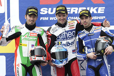 Drei ehemalige GP-Stars: Biaggi, Checa und Melandri (v.l.)