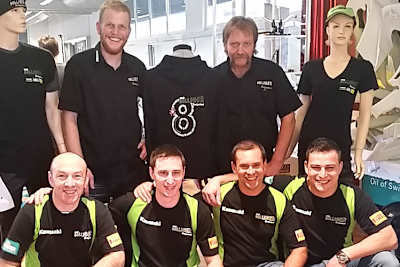 Kevin und Hanspeter Bolliger (hinten) mit Stamm, Sutter, Saiger und Wildisen (vlnr.)