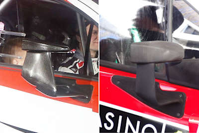 Klarer Unterschied - Yaris-Rückspiegel bei der Präsentation (links) und bei der Rallye Monte Carlo