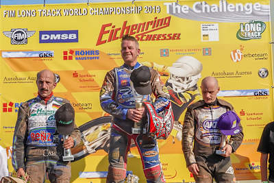 Stephan Katt gewann den Langbahn-WM-Challenge in Scheeßel vor Bernd Diener (l.) und Josef Franc (r.)