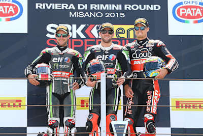 Die Top-3 der Superbike-WM 2015: Jonathan Rea, Tom Sykes, Chaz Davies (v.l.)