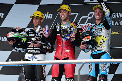 Jonas Folger siegte in Jerez souverän vor Johann Zarco (li.) und Tito Rabat (re.)