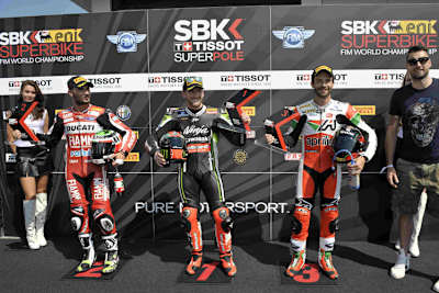 Die erste Startreihe in Misano: (v.l.) Davide Giugliano, Tom Sykes und Sylvain Guintoli