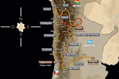 13 Etappen durch Argentinien, Bolivien und Chile (Motorräder befahren ausschliesslich die gelb markierten Etappen): Die Rallye Dakar 2014 hat es in sich