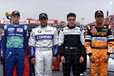 Kimi Räikkönen, Juan Pablo Montoya, Fernando Alonso und Enrique Bernoldi 2001 in Melbourne