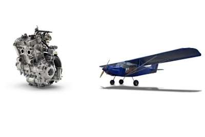 Links der Motor von Yamaha, rechts das Prototypen-Flugzeug von ShinMaywa, mit dem erste Tests geflogen werden.