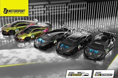 Skizze der drei Lamborghini Huracán GT3 Evo und der beiden Audi R8 LMS GT4 von T3 Motorsport