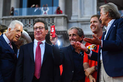 Ferrari-Feier im September 2019: Piero Ferrari, Ferrari-CEO Louis Camilleri, Alain Prost, Sebastian Vettel und Luca Montezemolo