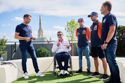 Am Dienstag in Wien: Moderator Sebastian Kuhn, Pit Beirer, Brad Binder, Miguel Oliveira und Mike Leitner