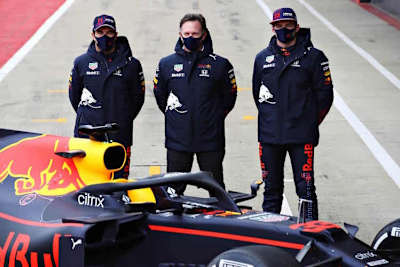 Sergio Pérez, Christian Horner und Max Verstappen