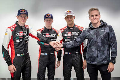 Evans, Rovanperä, Ogier und Lappi (vlnr)