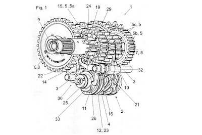 Die Ziffern 22, 12 und 23 kennzeichnen die Klinke, die in die Schaltwalze und das Getrieberad eingreift 