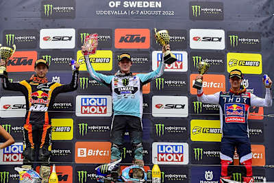 Das MX2-Podium in Uddevalla, Geerts gewann vor Vialle und Längenfelder