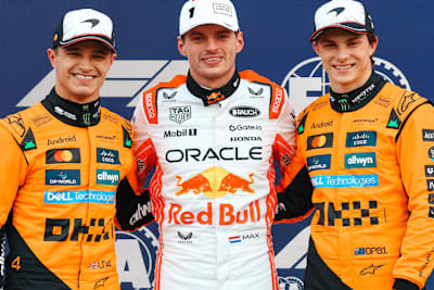 Lando Norris (2.), Max Verstappen (1.) und Oscar Piastri (3.)