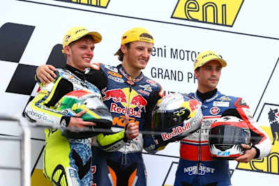 Moto3-Podium 2014: Brad Binder (2.), Jack Miller (1.) und Alexis Masbou (3.)