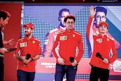 Sebastian Vettel, Mattia Binotto und Charles Leclerc