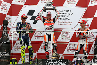 2014 siegte Marc Márquez in Valencia vor Valentino Rossi und Dani Pedrosa